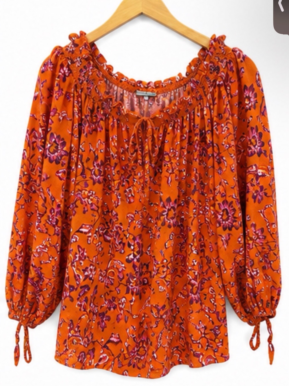 beachlunchlounge Orange Floral Peasant Top with Tie Neck